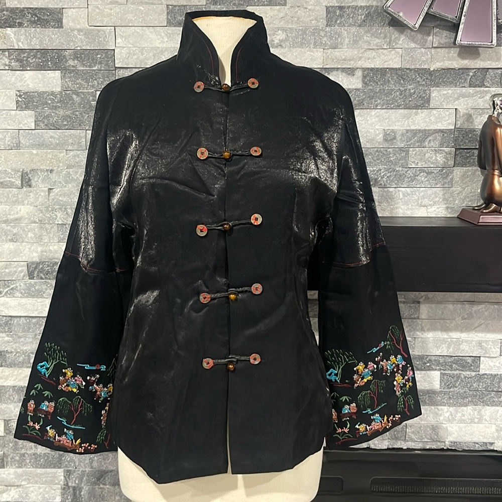 Asian Yuan Black Silk Embroidered Blazer Jacket Size 44 US Size S